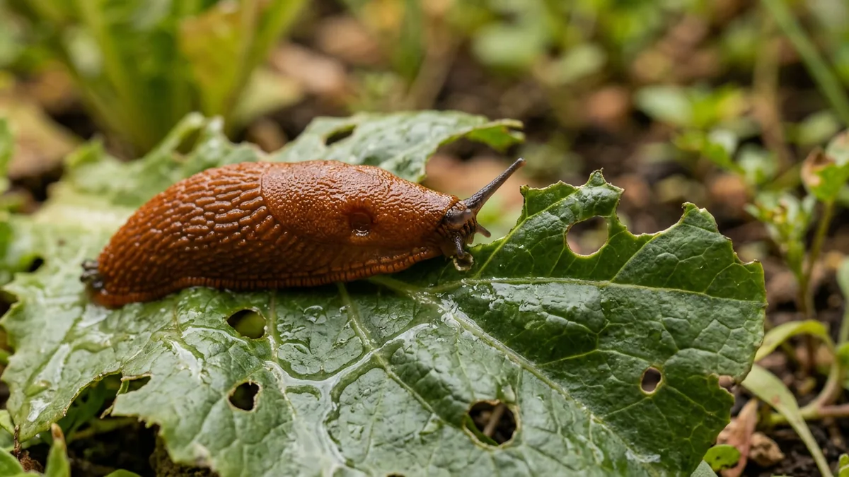 Spanische Wegschnecke frisst an einem grünen Salatblatt im Garten.