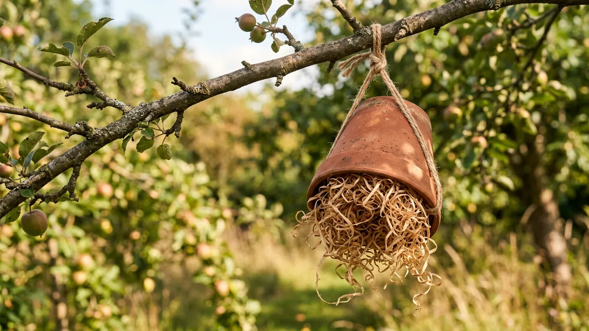 Umgedrehter Ton-Blumentopf mit Stroh im Obstbaum