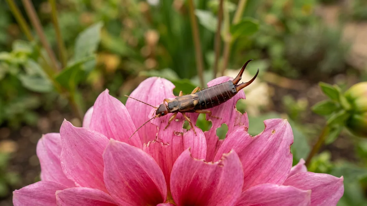 Ohrwurm an einer angefressenen Dahlienblüte