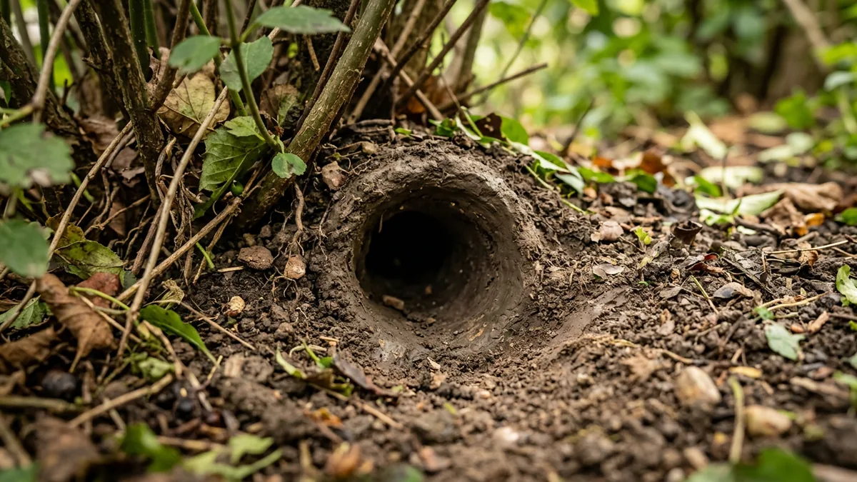 Ein kreisrundes Rattenloch im Gartenboden unter Gartensträuchern