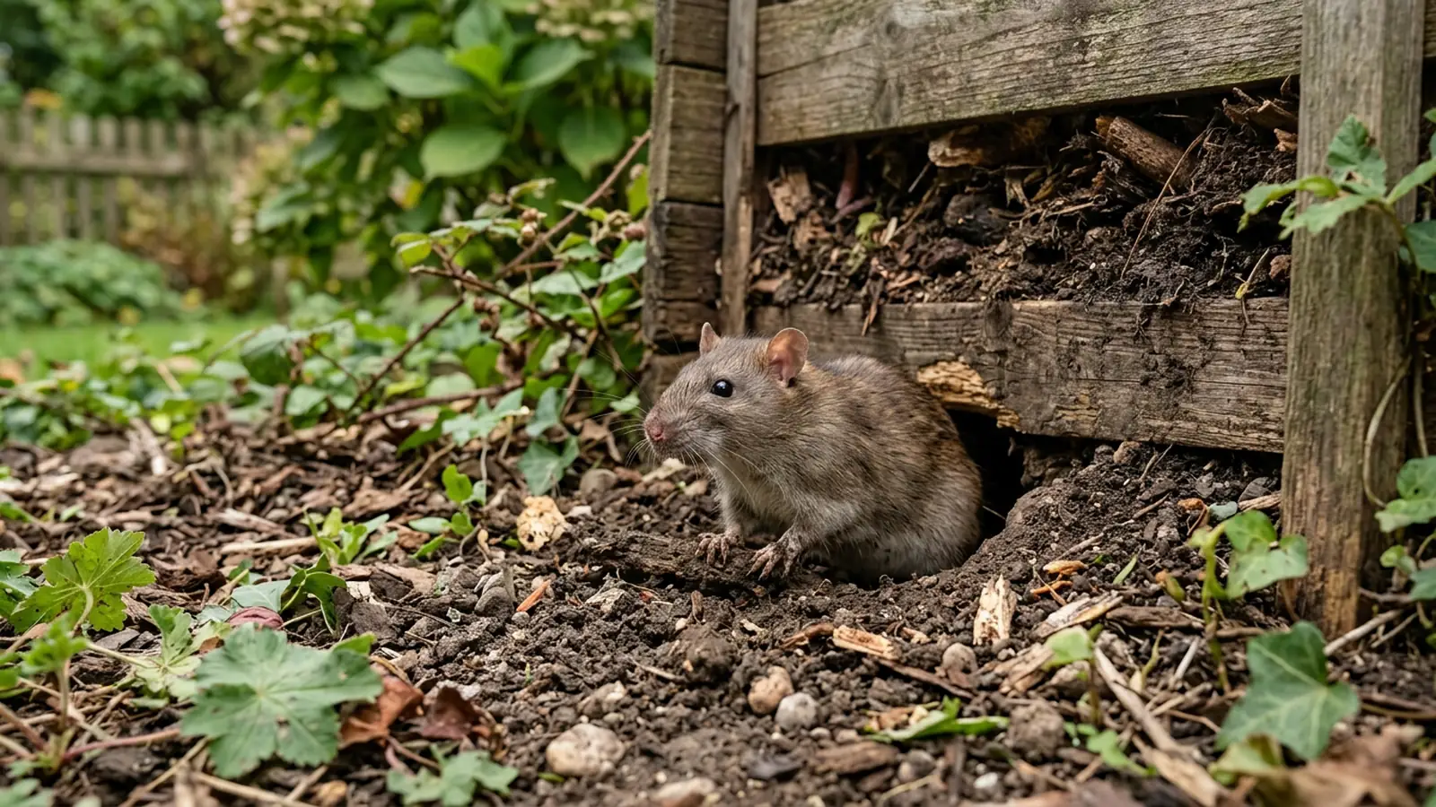 Wanderratte an einem Erdloch neben einem Komposthaufen im Garten