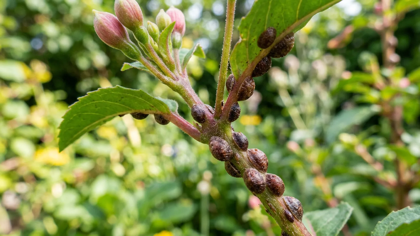Schildläuse als braune Höcker an einem Pflanzenstiel