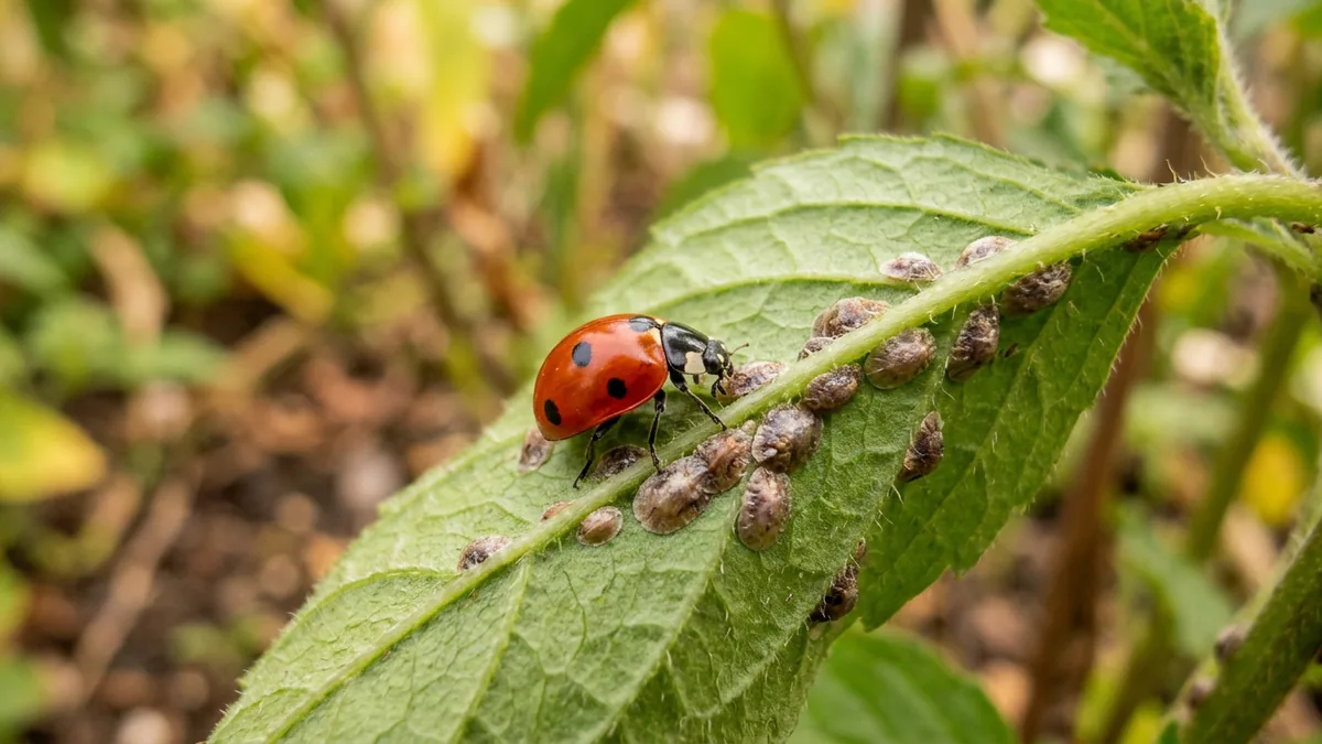 Marienkäfer frisst Schildläuse auf einem grünen Blatt