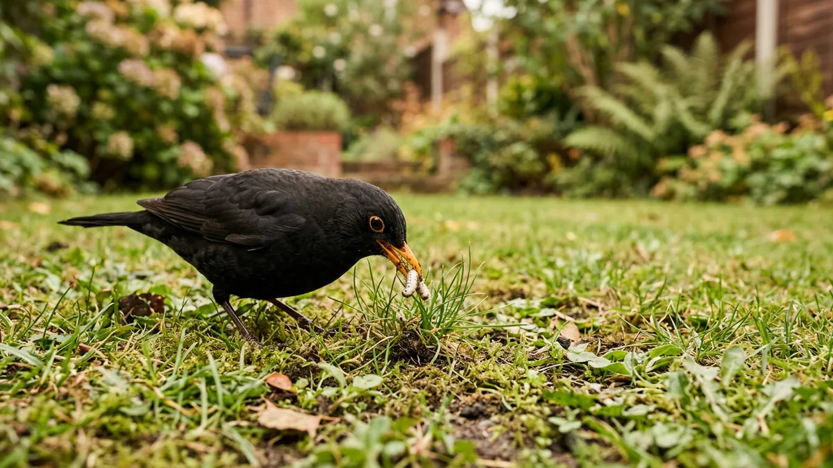 Amsel pickt nach Larven in einem lückigen Rasen
