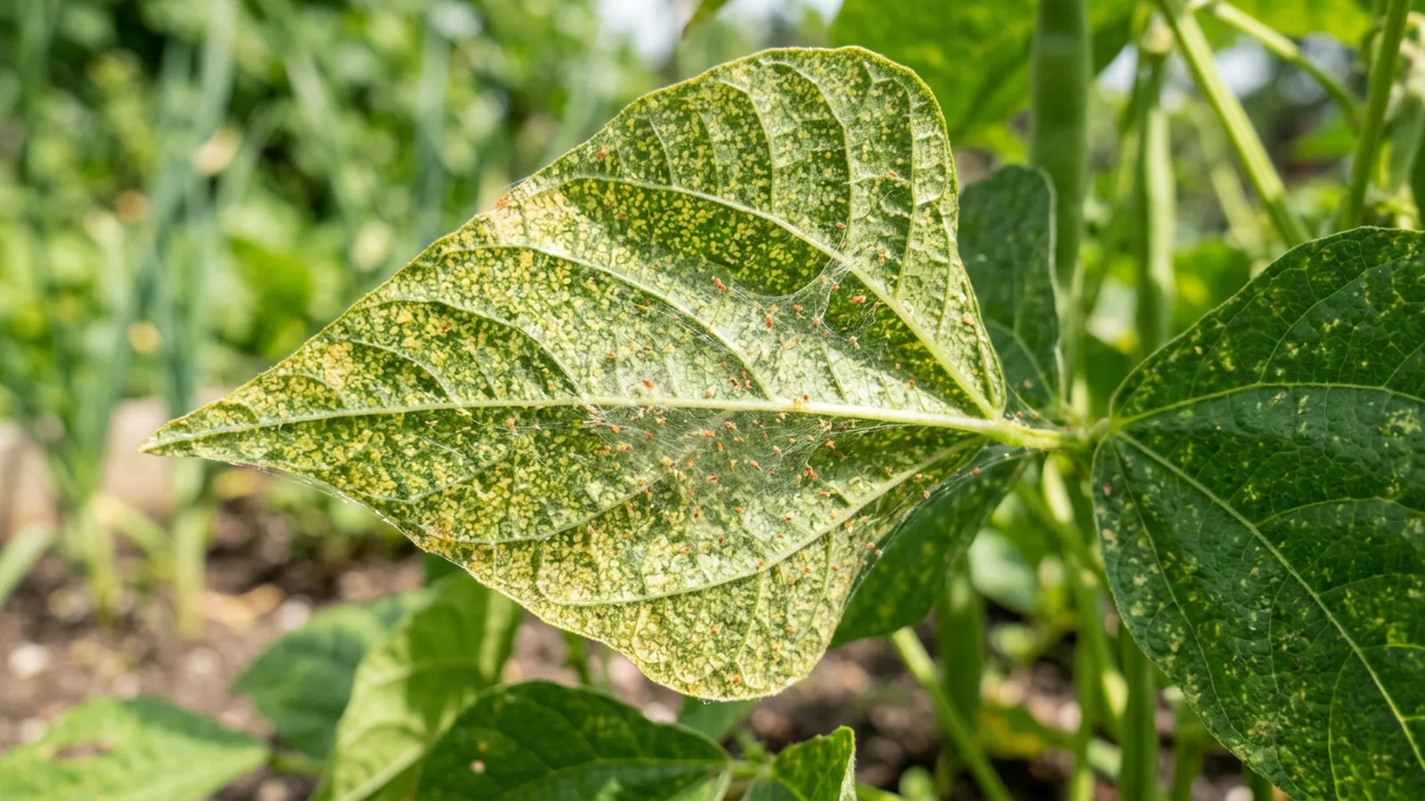 Spinnmilben mit feinen Gespinsten an einem Blatt