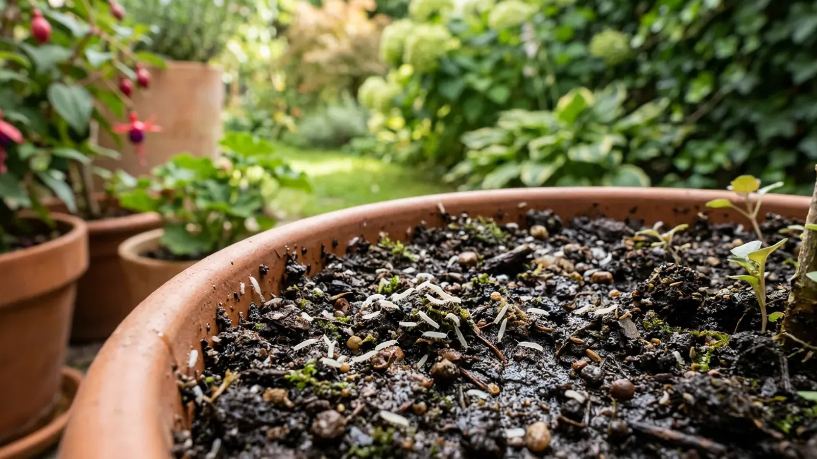 Winzige weiße Springschwänze auf feuchter Blumenerde