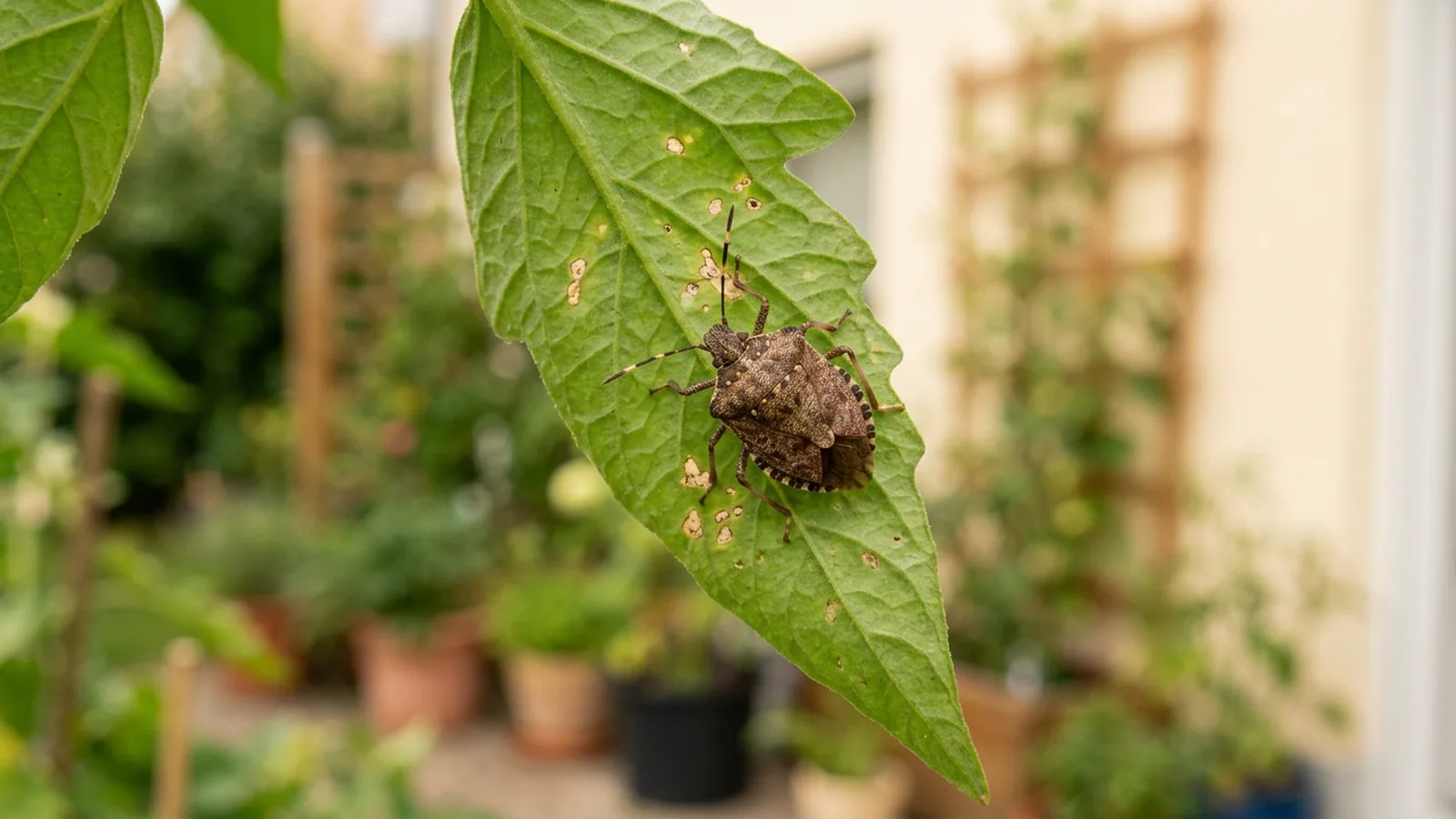 Marmorierte Baumwanze auf einem Pflanzenblatt im Garten