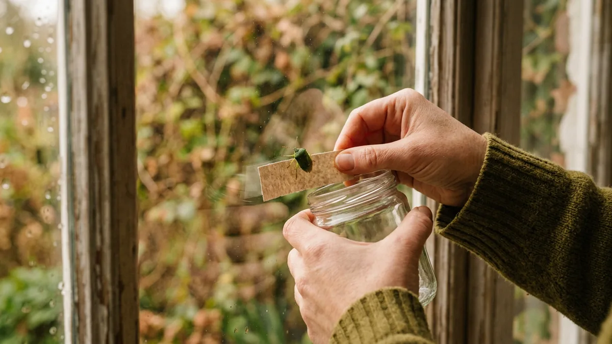 Eine Hand schiebt eine Stinkwanze vorsichtig mit einem Blatt Papier in ein Glas.