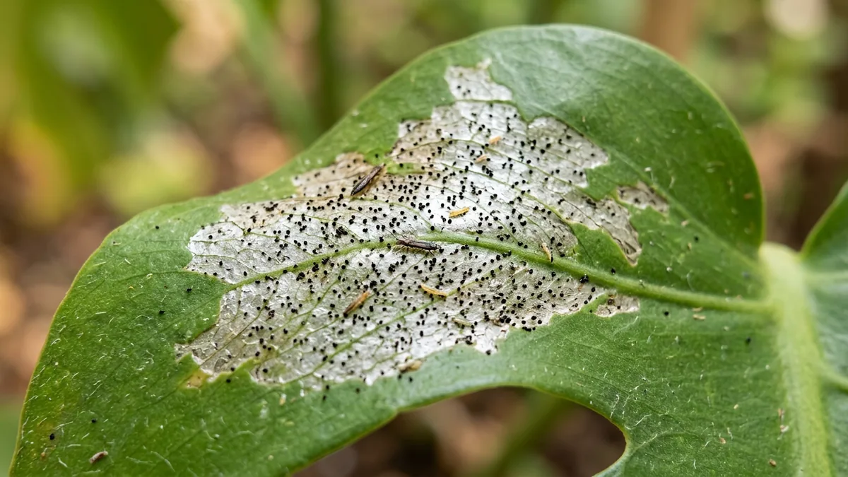 Nahaufnahme eines Monstera-Blattes mit silbrig-grauen Flecken und schwarzen Kotpunkten.