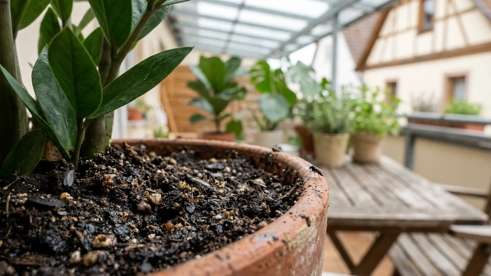 Trauermücken auf der Blumenerde einer Zimmerpflanze
