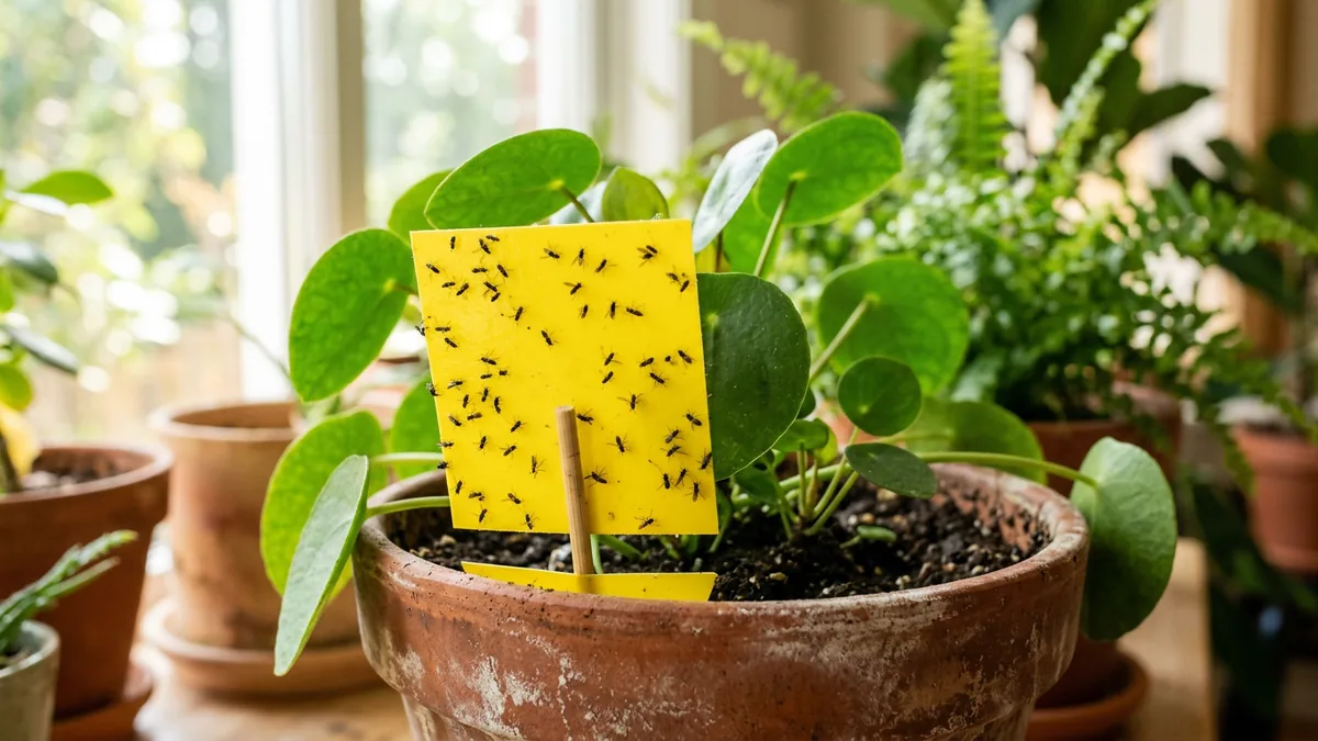Gelber Klebesticker in einem Blumentopf mit gefangenen Trauermücken.
