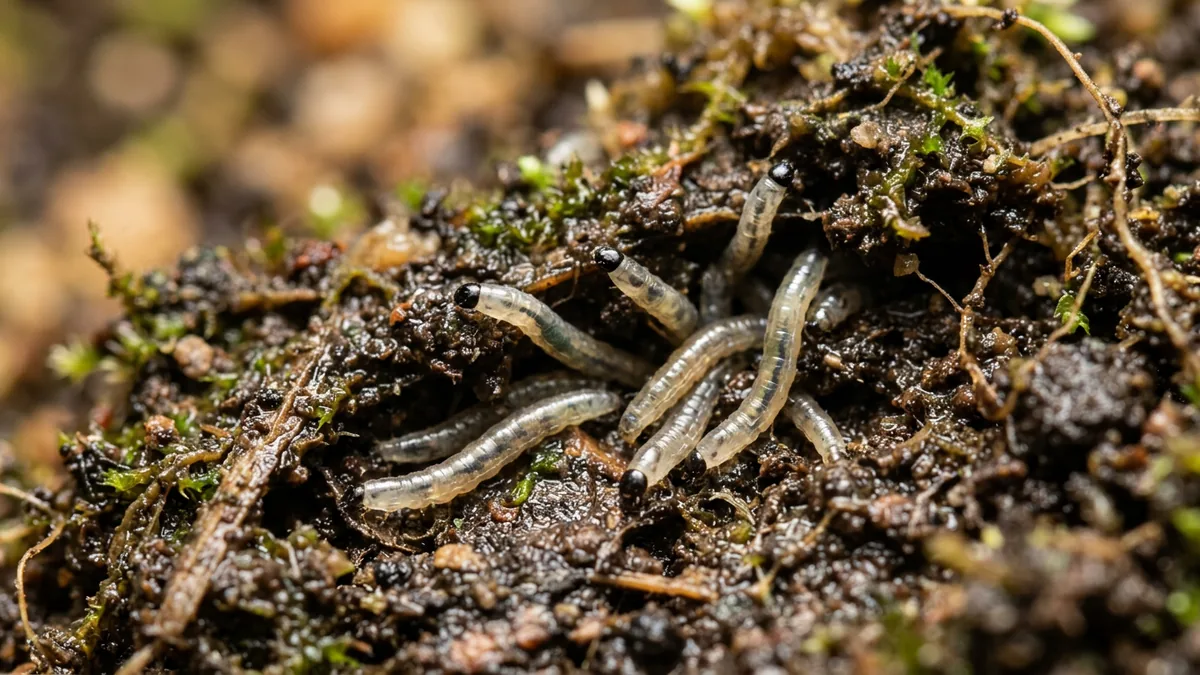 Glasige Trauermückenlarven mit schwarzem Kopf in feuchter Blumenerde.