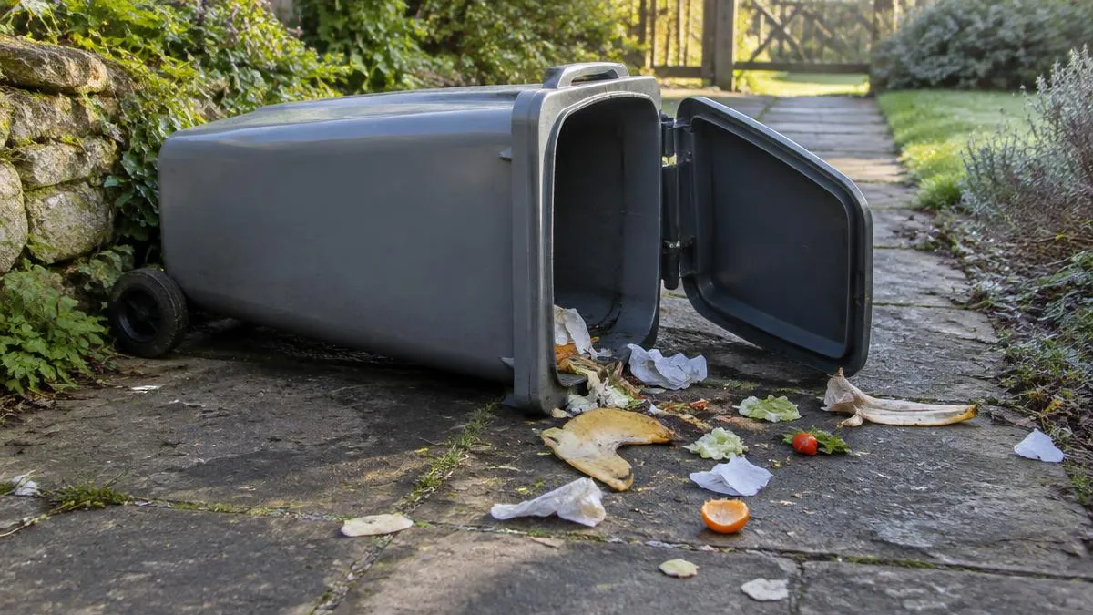 Umgeworfene graue Mülltonne mit offenem Deckel auf einem Gartenweg am Morgen, daneben verstreute Essensreste und Papier