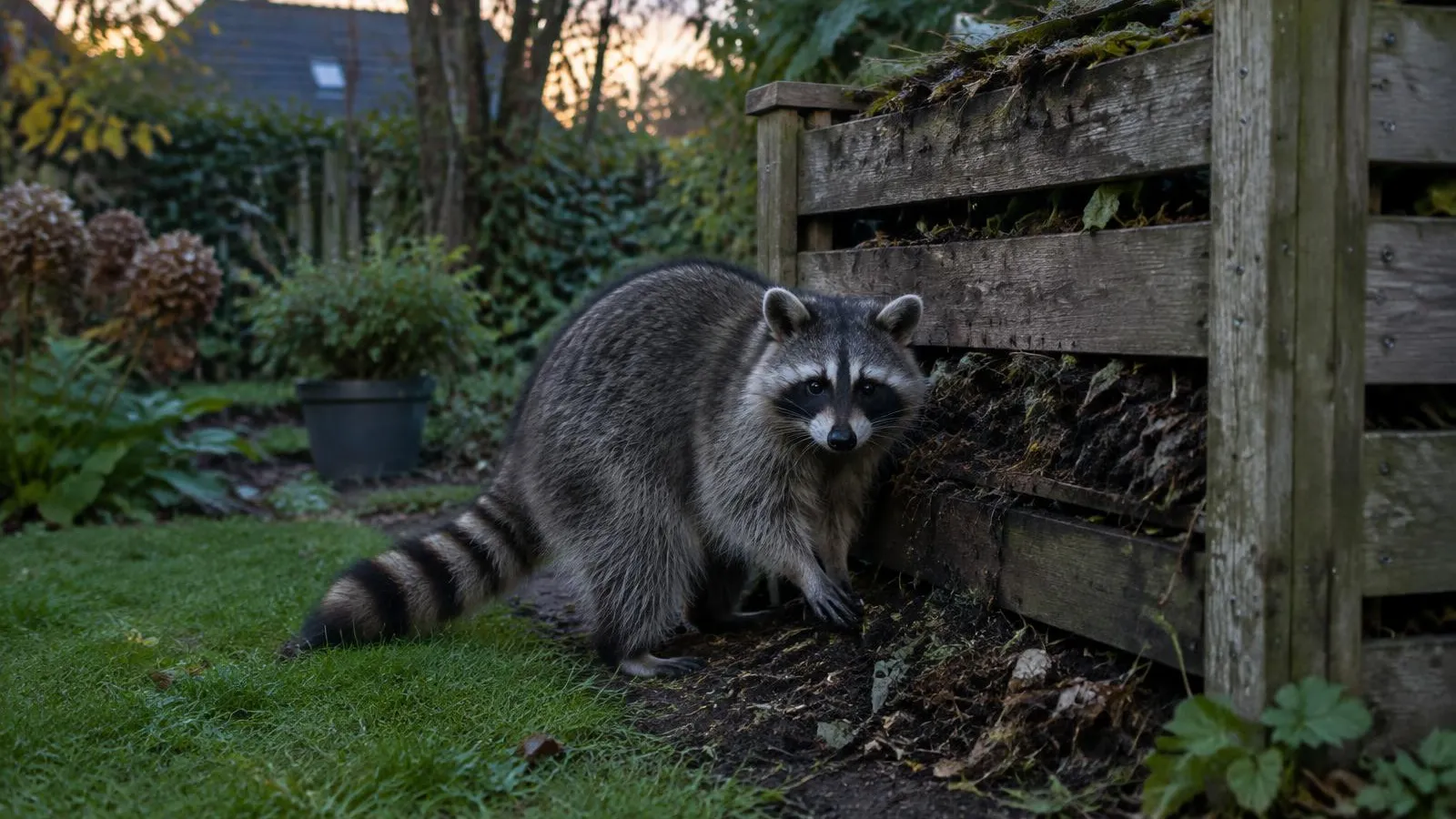 Waschbär mit schwarzer Augenmaske und geringeltem Schwanz in der Dämmerung neben einem hölzernen Komposter im Garten