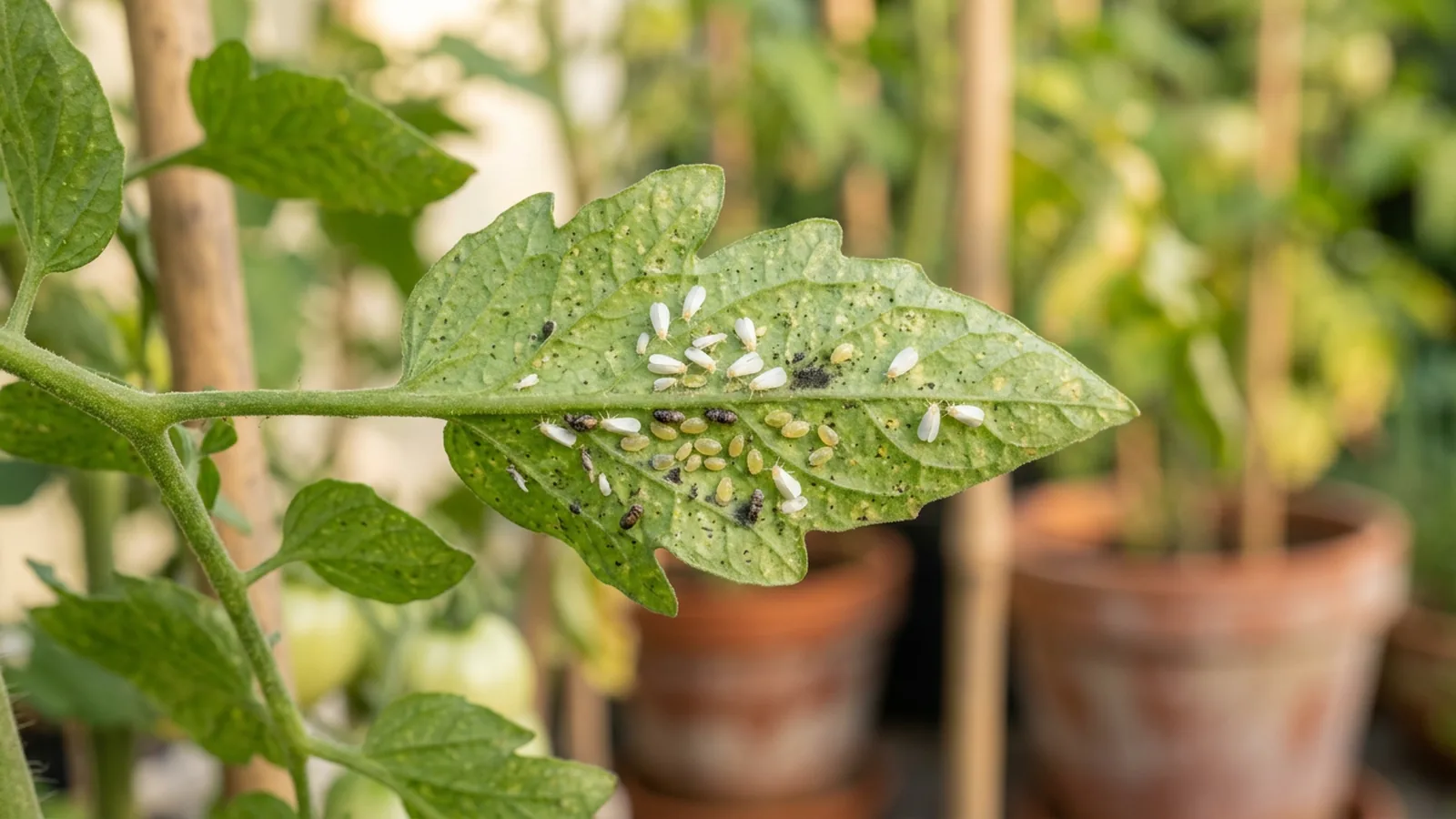 Weiße Fliegen an der Blattunterseite einer Tomatenpflanze