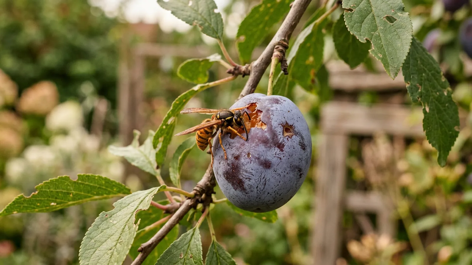 Wespe sitzt auf einer reifen Pflaume im Garten