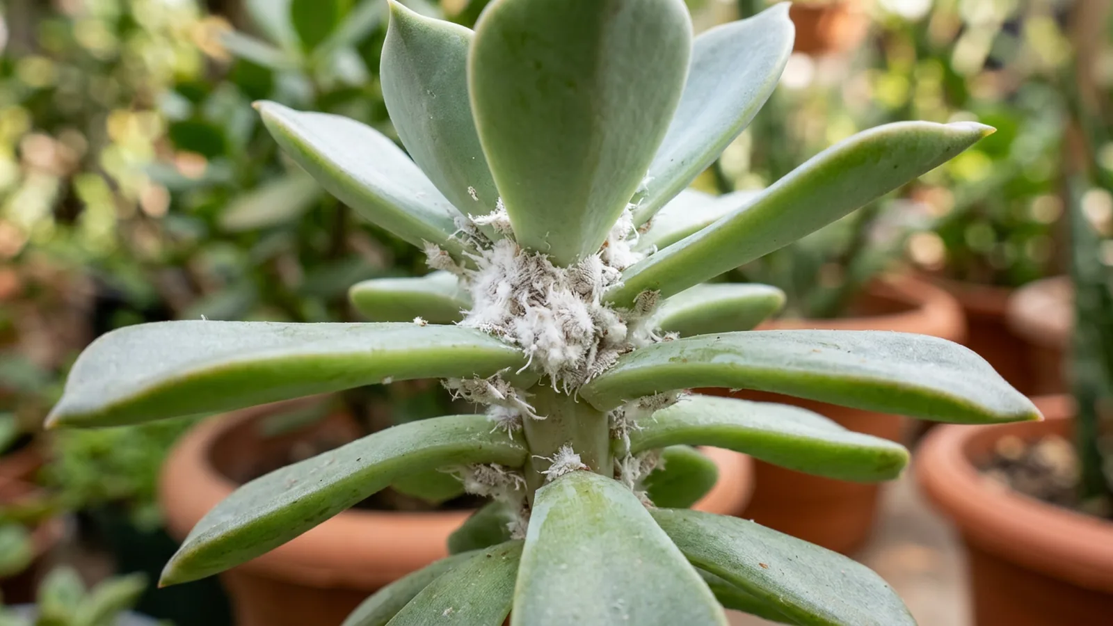 Wollläuse als weiße Watte an einer Zimmerpflanze