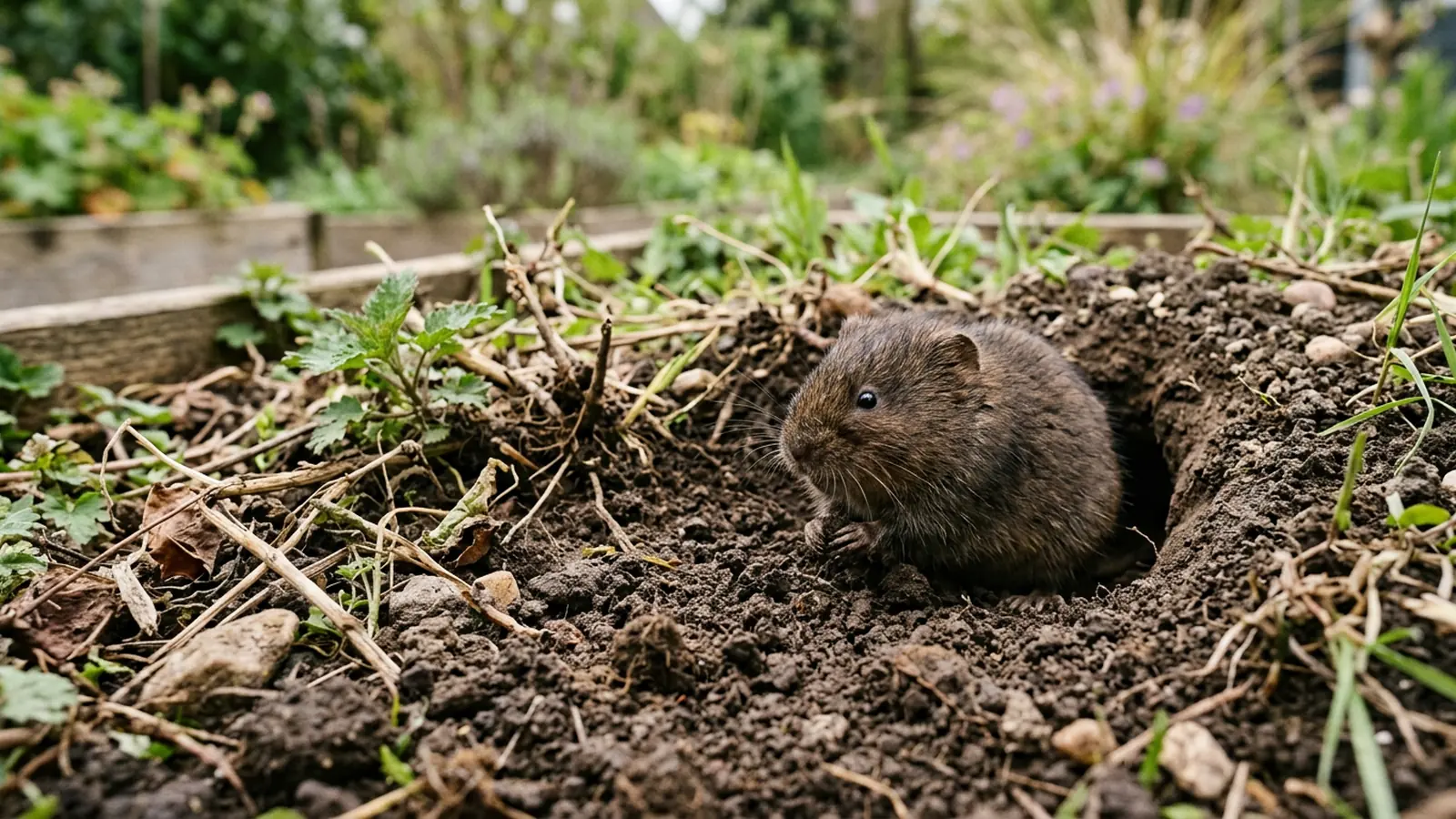 Wühlmaus an einem geöffneten Gang im Garten