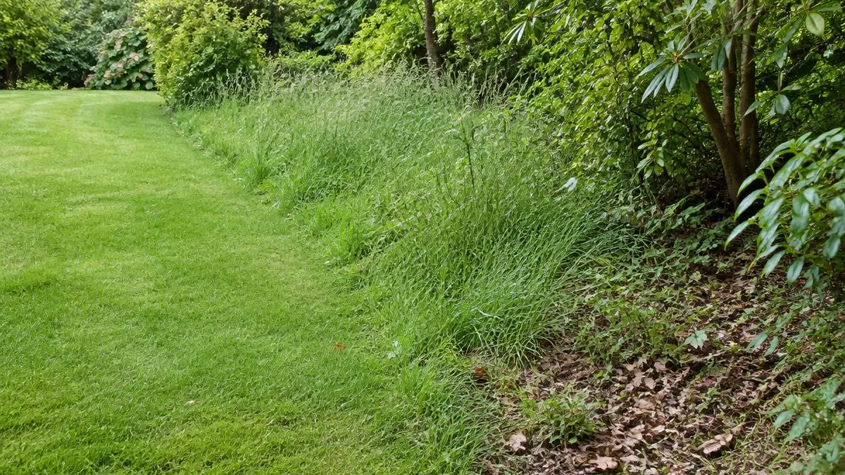 Kurz gemähter Rasen, der in hohes ungemähtes Gras, Laubstreu und Sträucher übergeht