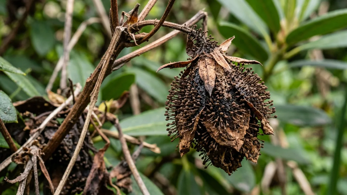 Braune, vertrocknete Rhododendronknospe mit dunklen Pilzsporen.