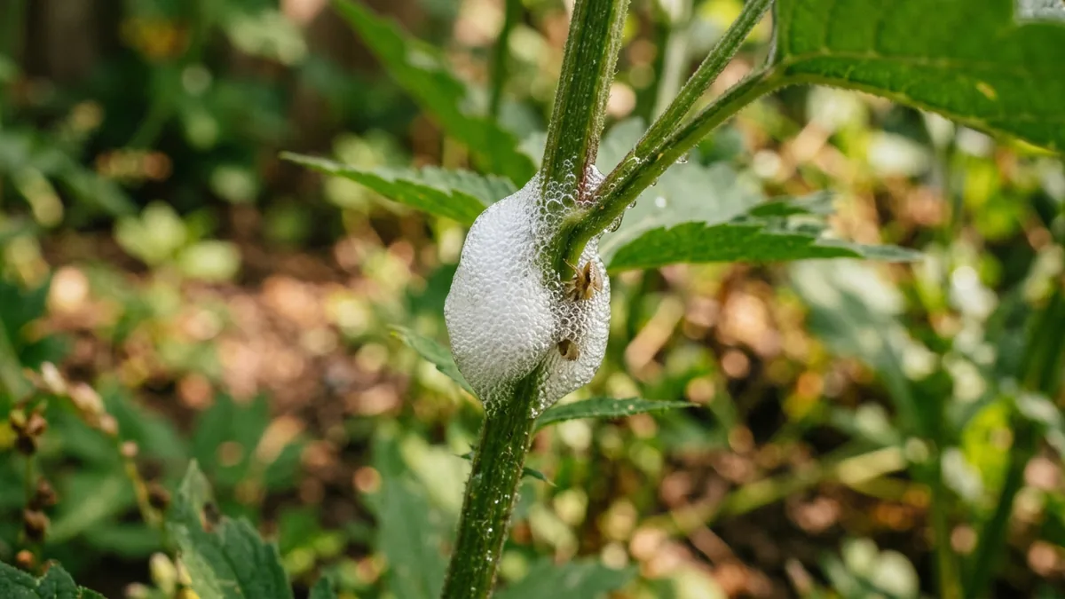 Weißes Schaumnest der Wiesenschaumzikade an einem grünen Pflanzenstängel.