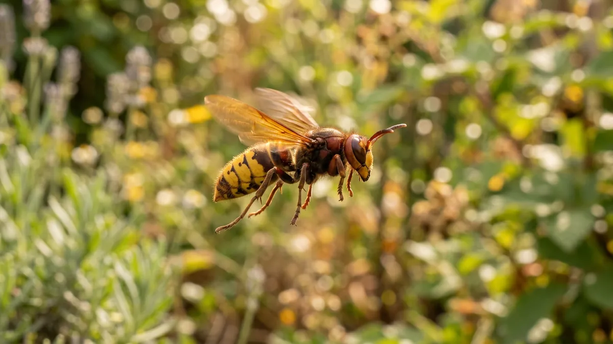 Eine große europäische Hornisse im Flug vor sommerlichem Gartenhintergrund