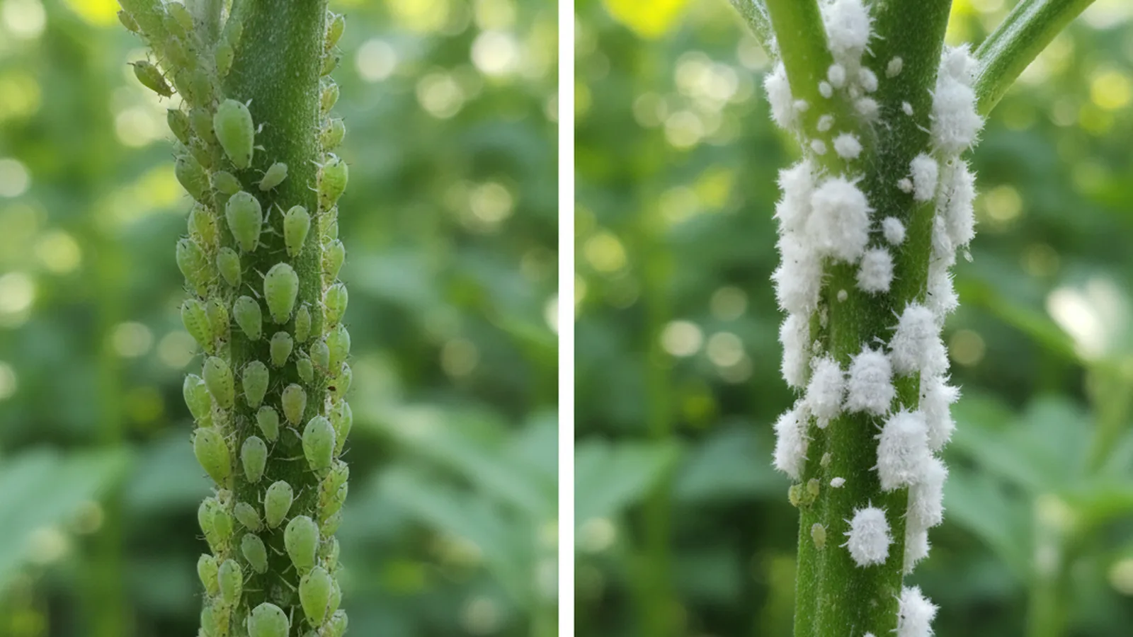 Vergleich von Blattläusen und Wollläusen an Pflanzen