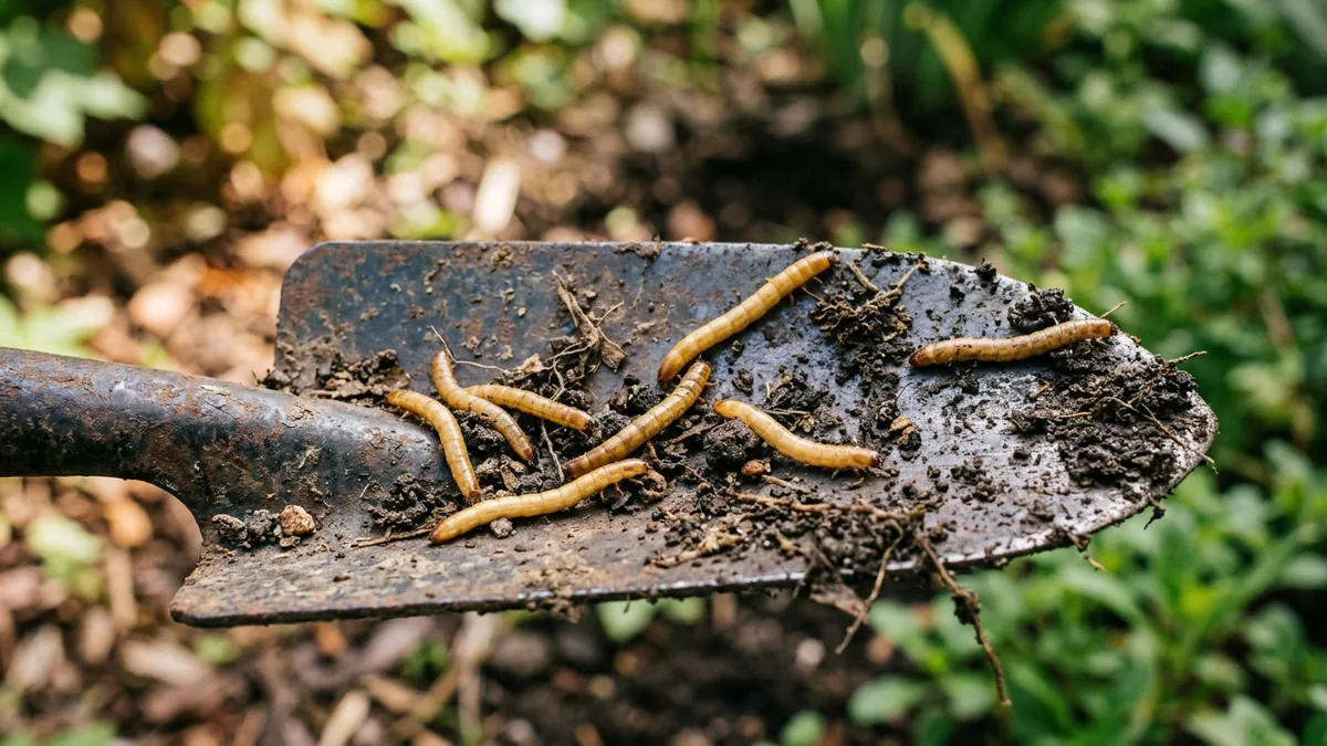 Mehrere schmale, gelbbraune, glänzende Drahtwürmer auf einer Gartenschaufel.