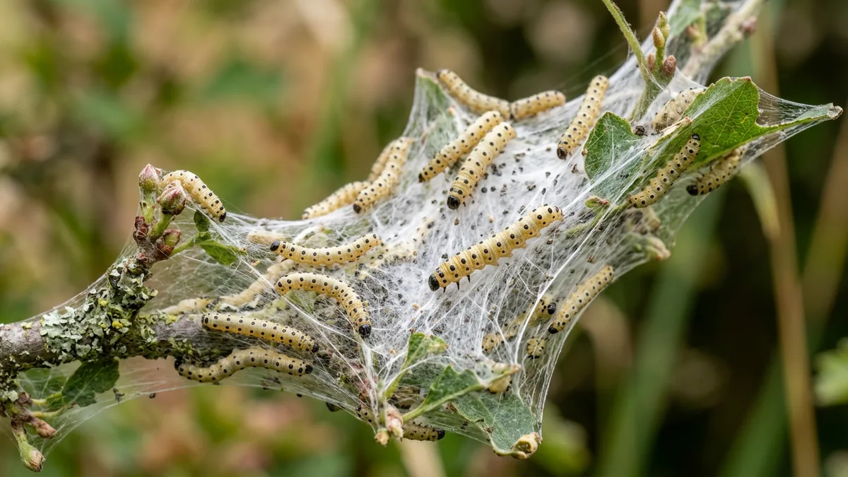 Nahaufnahme von weißlich-gelben Raupen der Gespinstmotte in einem silbrigen Netz.