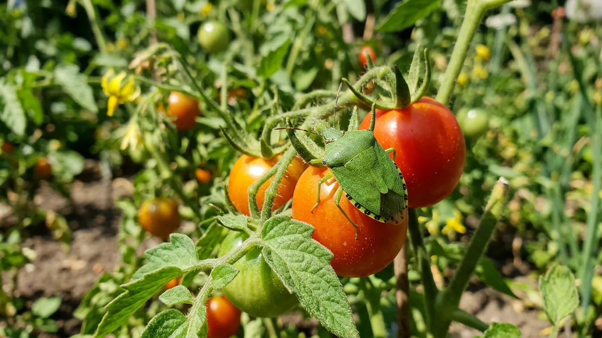 Echte Gruene Stinkwanze auf einer reifen Tomate im Garten.