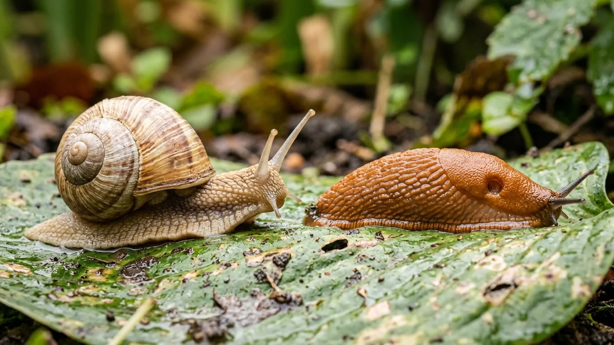 Eine Weinbergschnecke mit hellem Gehäuse neben einer rötlichen Wegschnecke.