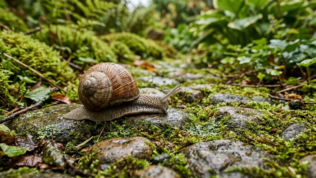 Eine Weinbergschnecke kriecht über feuchte Steine und Moos im Garten.