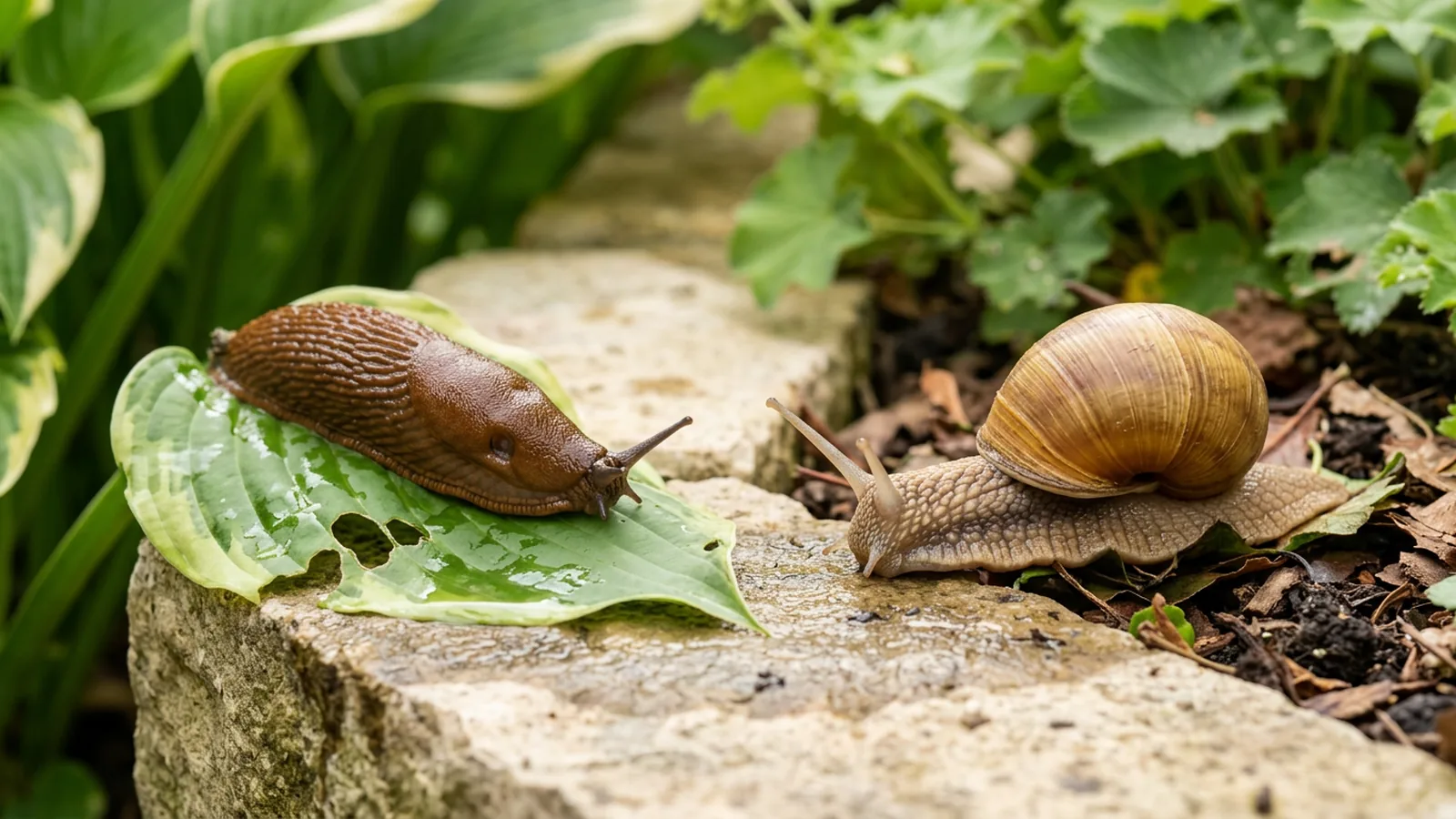 Vergleich von brauner Nacktschnecke und gehäusetragender Weinbergschnecke