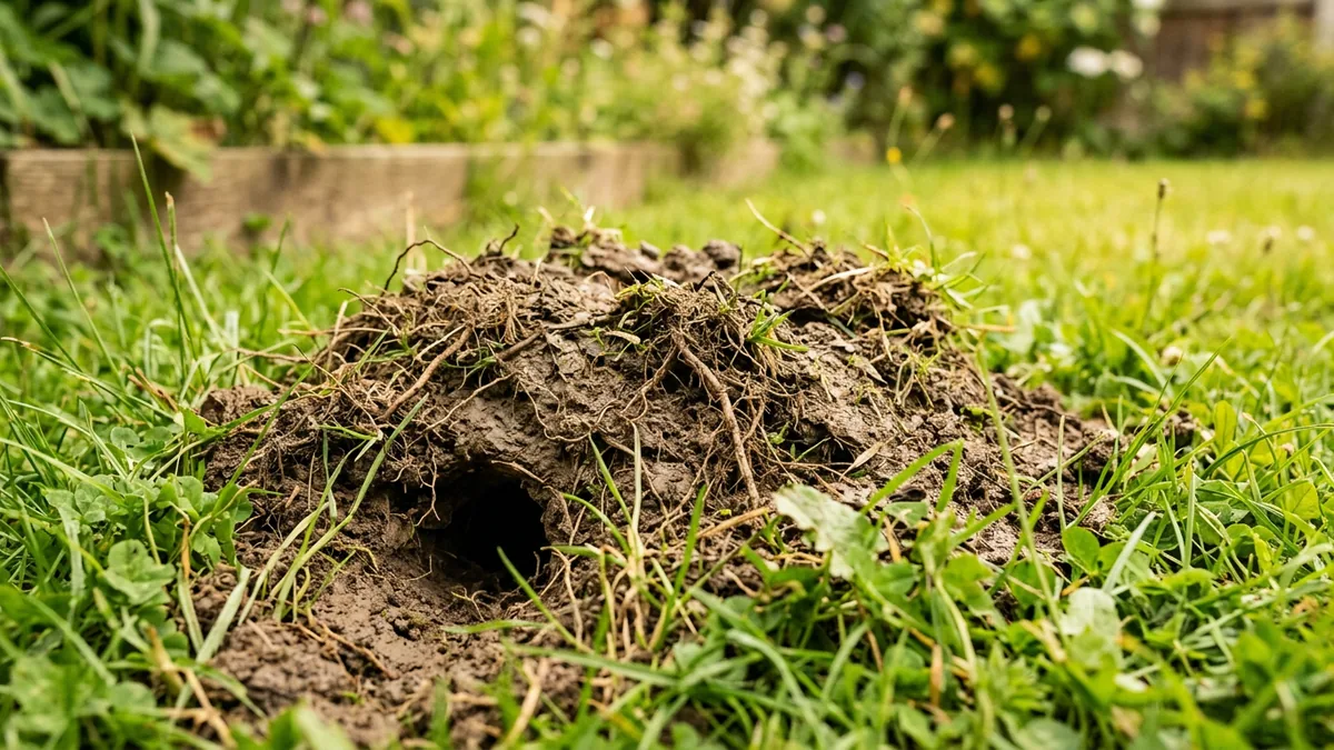 Flacher Erdhaufen einer Wühlmaus mit seitlich versetztem Gangloch.