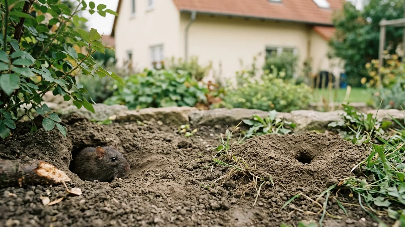Vergleich eines großen Rattenlochs mit einem flachen Wühlmaushaufen im Garten