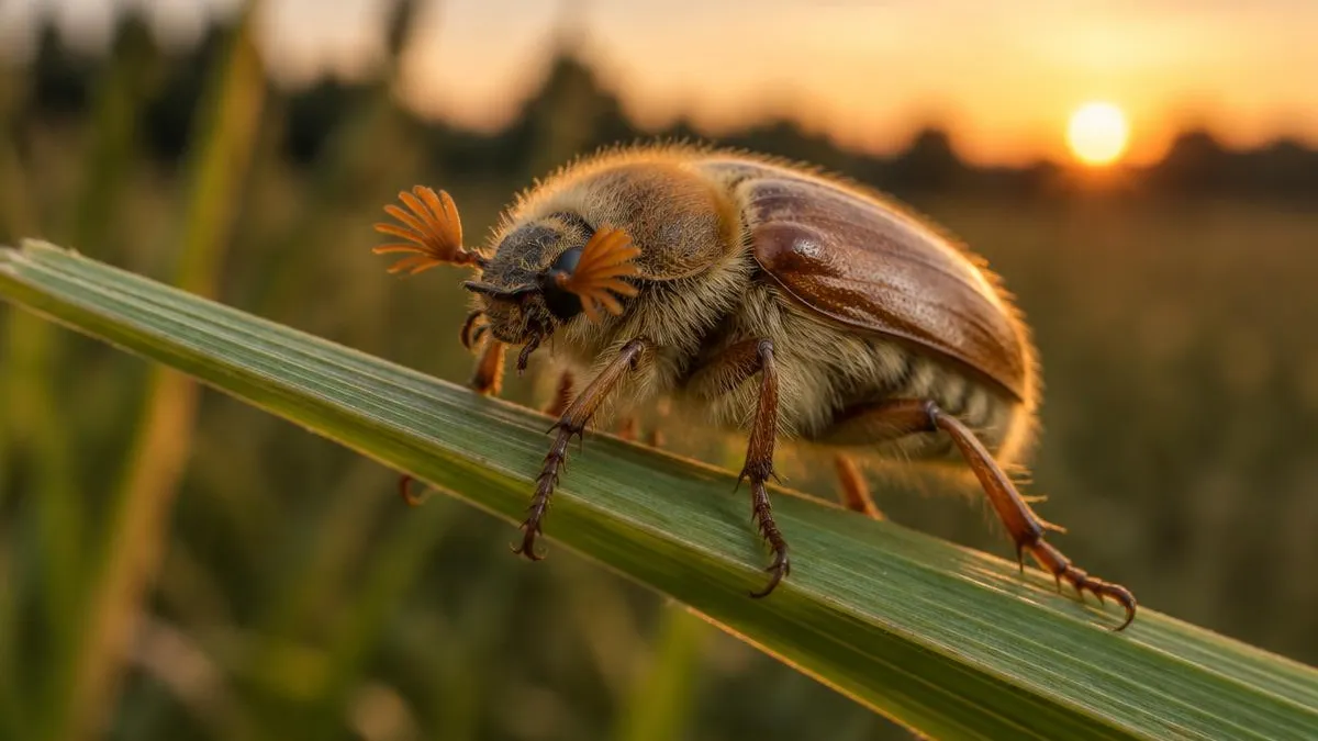 Kleiner, gelbbrauner, dicht behaarter Junikäfer mit Fächerfühlern an einem Grashalm in der Abenddämmerung