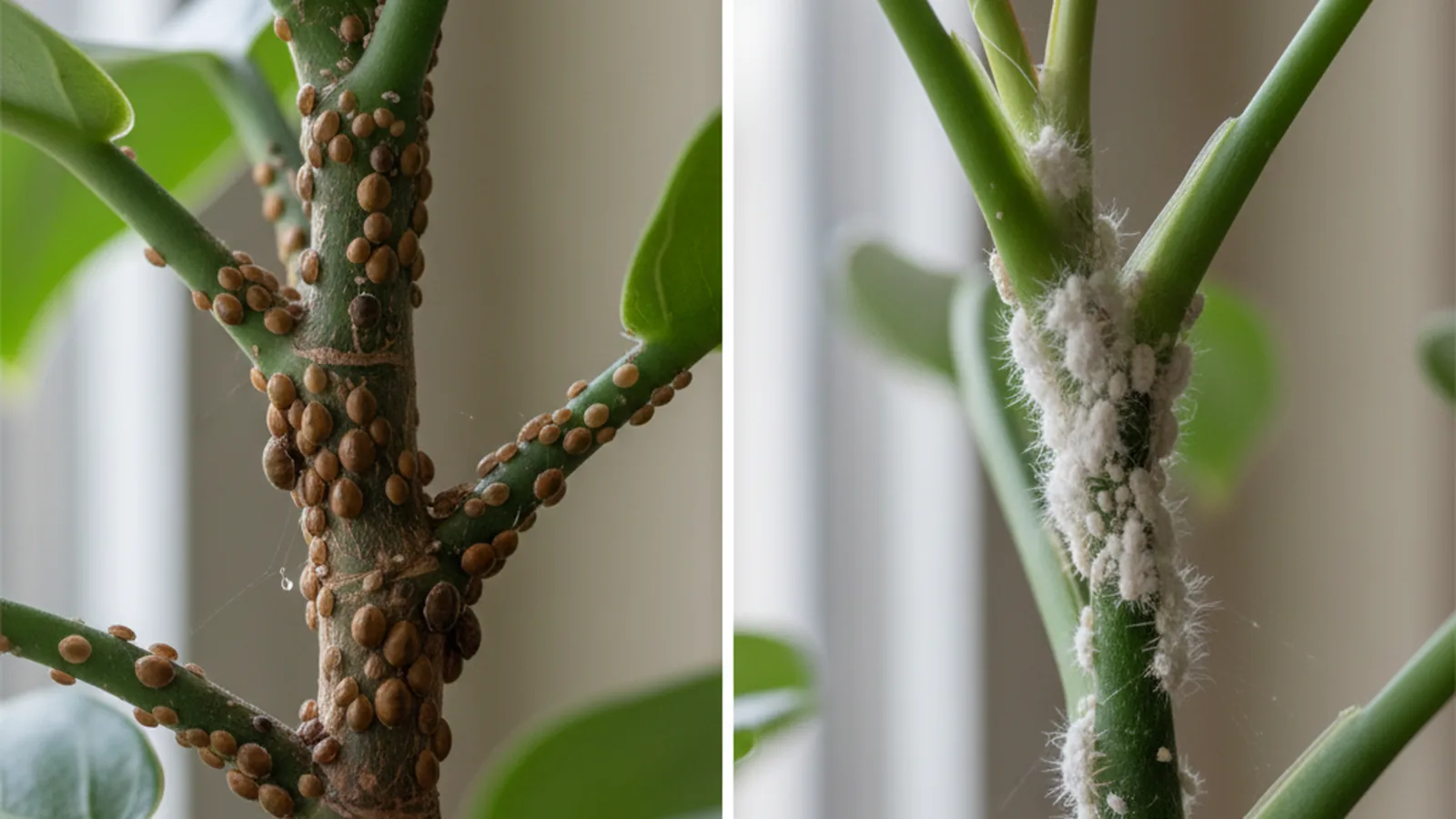 Vergleich von Schildläusen und Wollläusen an Pflanzen