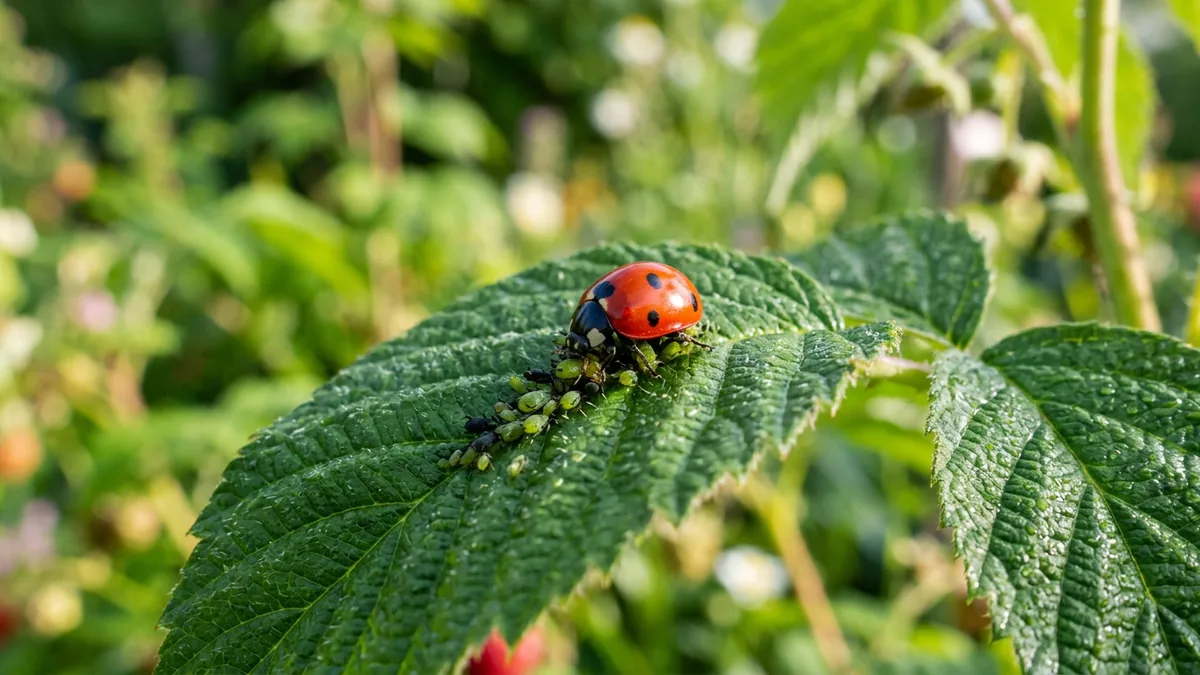 Ein Marienkäfer frisst Blattläuse auf einem grünen Blatt im Garten.