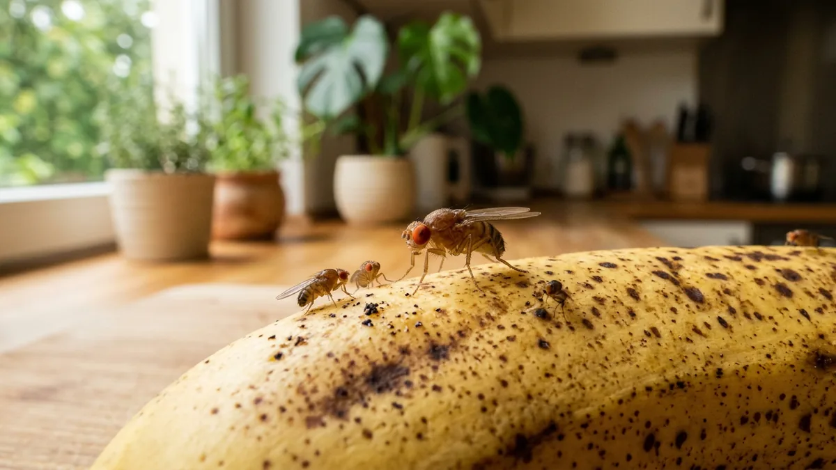 Mehrere rotäugige Fruchtfliegen sitzen auf der Schale einer reifen Banane.