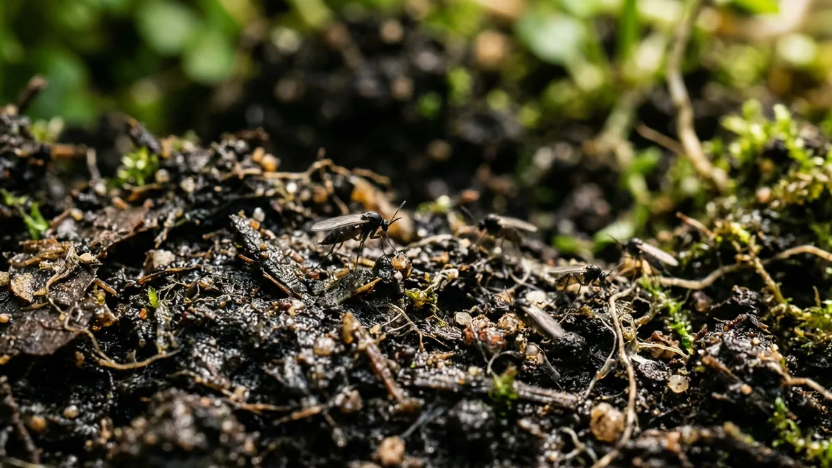 Winzige schwarze Trauermücken kriechen auf feuchter Blumenerde in einem Topf.