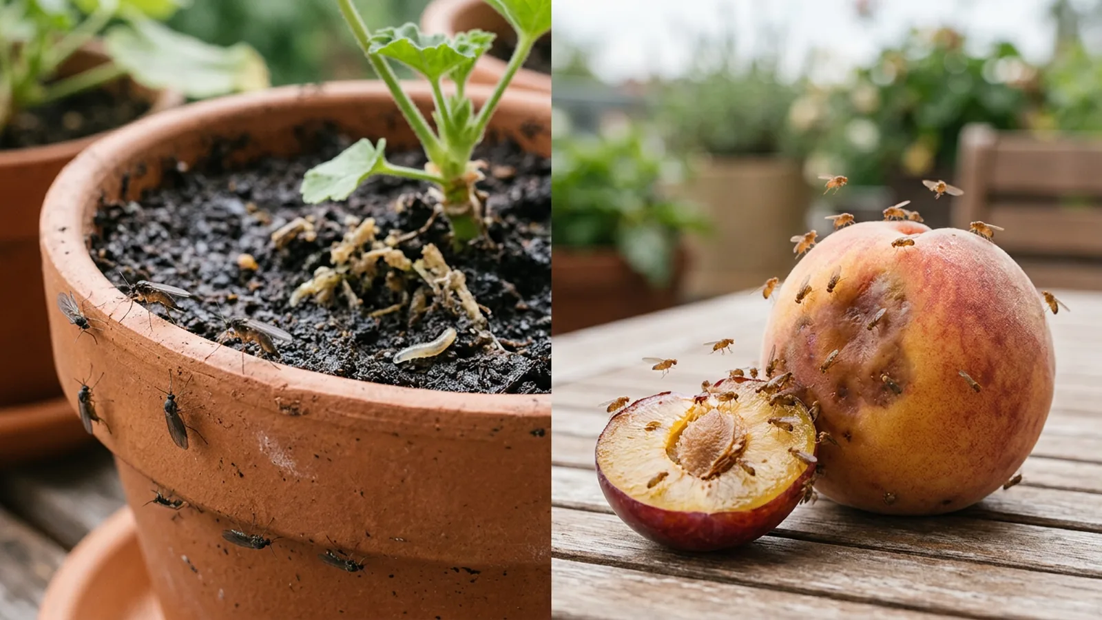 Vergleich von Trauermücken am Blumentopf und Fruchtfliegen an Obst