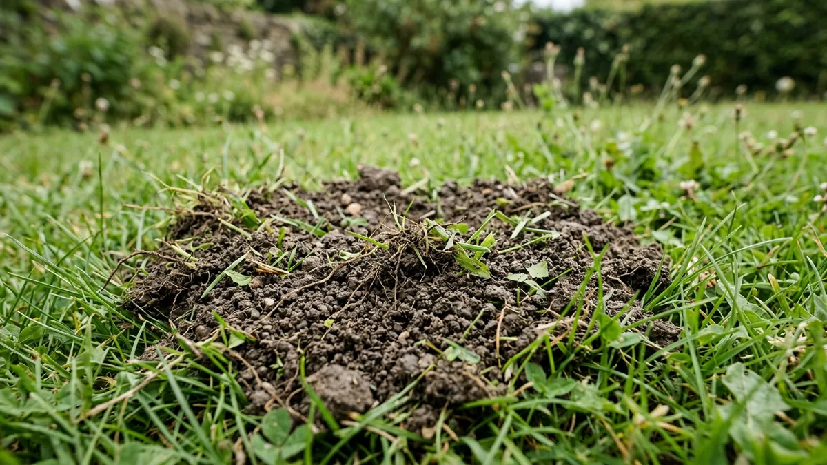 Flacher unregelmässiger Erdhügel mit Wurzelresten auf einer Wiese