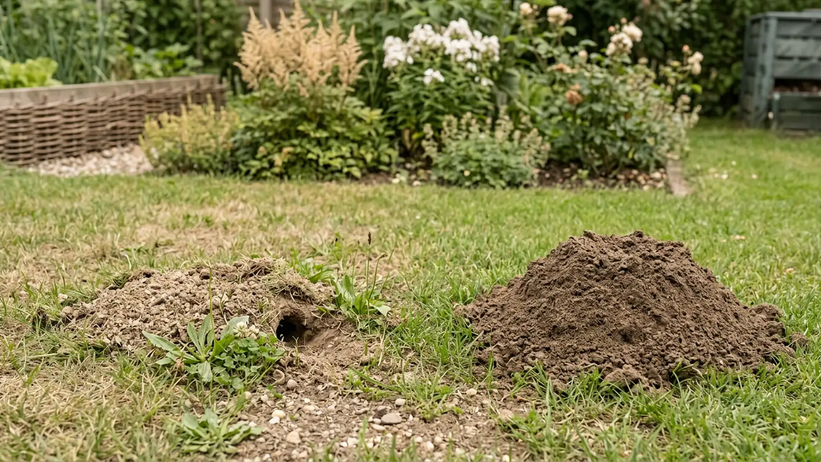 Vergleich eines flachen Wühlmaushaufens mit einem hohen Maulwurfshügel