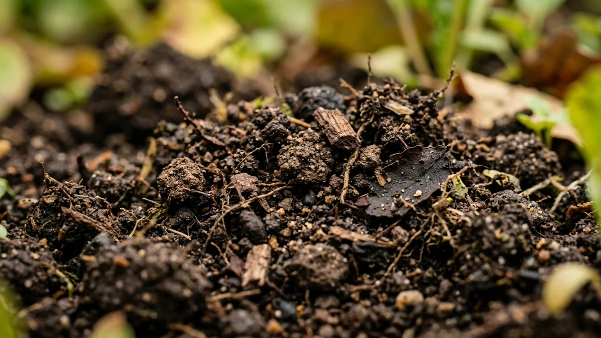 Nahaufnahme von dunkler, feinkrümeliger Gartenerde mit Humusanteil