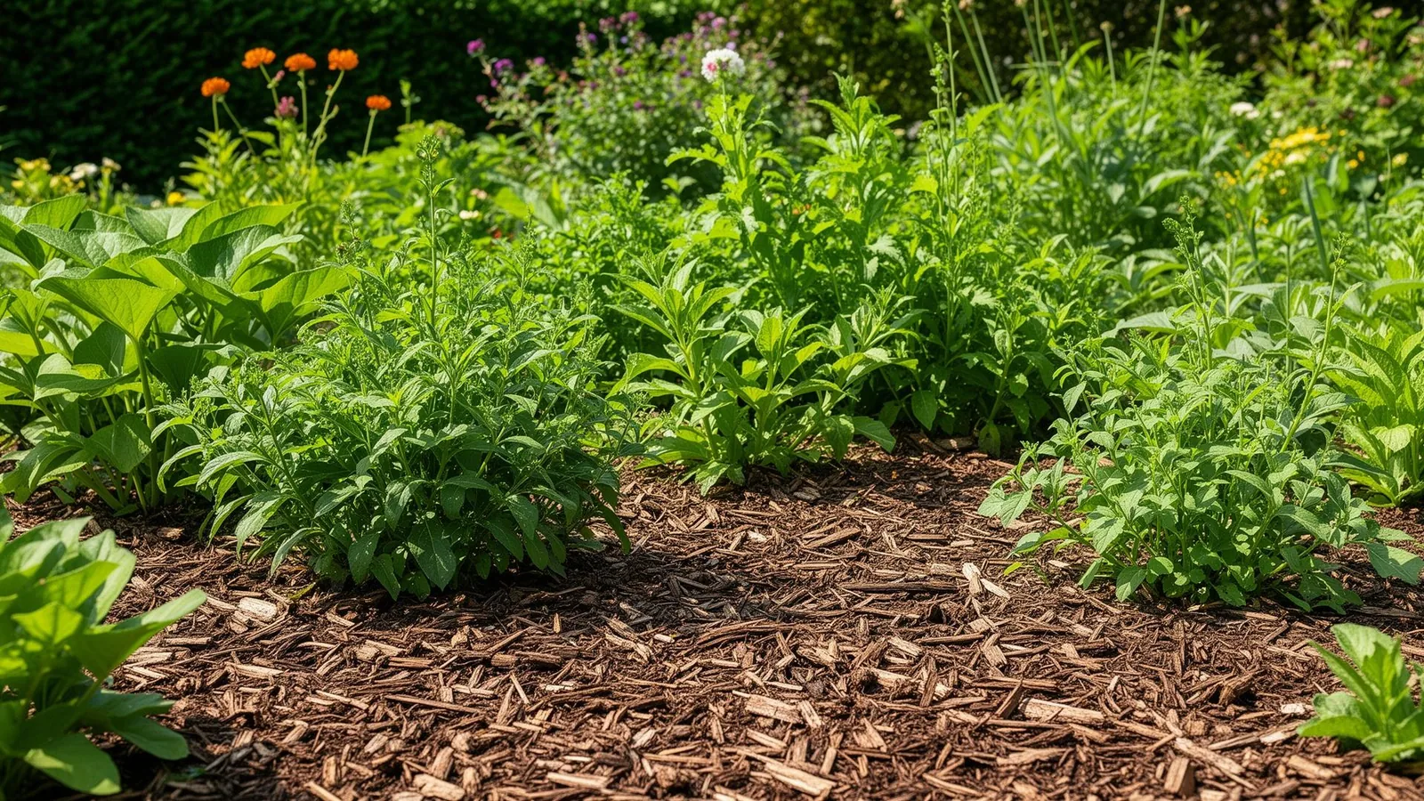 Mulchschicht auf einem gepflegten Gartenbeet