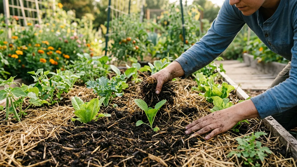 Gärtner verteilt eine Schicht organischen Mulch zwischen Gemüsepflanzen
