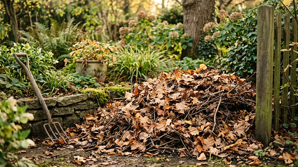 Ein Haufen aus trockenem Laub und Ästen in einer Gartenecke unter Sträuchern.