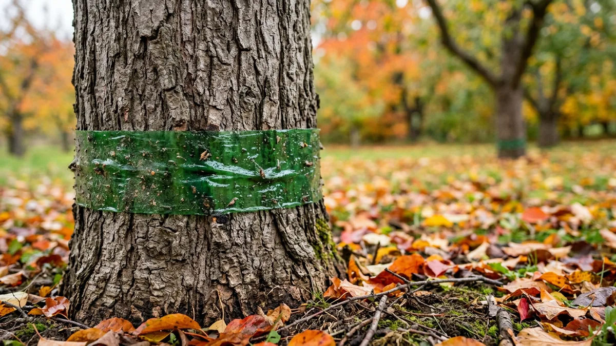 Nahaufnahme eines grünen Leimrings am Stamm eines Apfelbaums mit Herbstlaub.