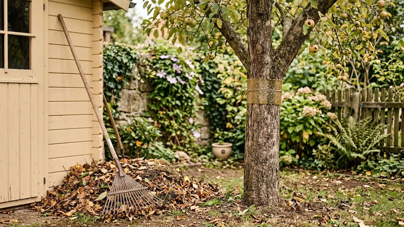Herbstlicher Garten mit Laubrechen, Leimring am Obstbaum und Laubhaufen in der Ecke