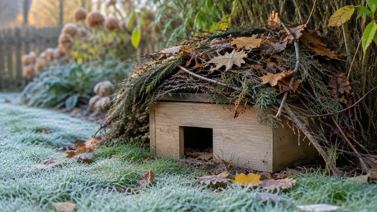 Schlichtes Igelhaus aus Holz unter Reisig und Laub am Gartenrand, Raureif auf dem Gras